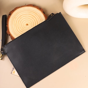 Embrague de cuero negro personalizado - bolso de embrague con cremallera elegante hecho a mano