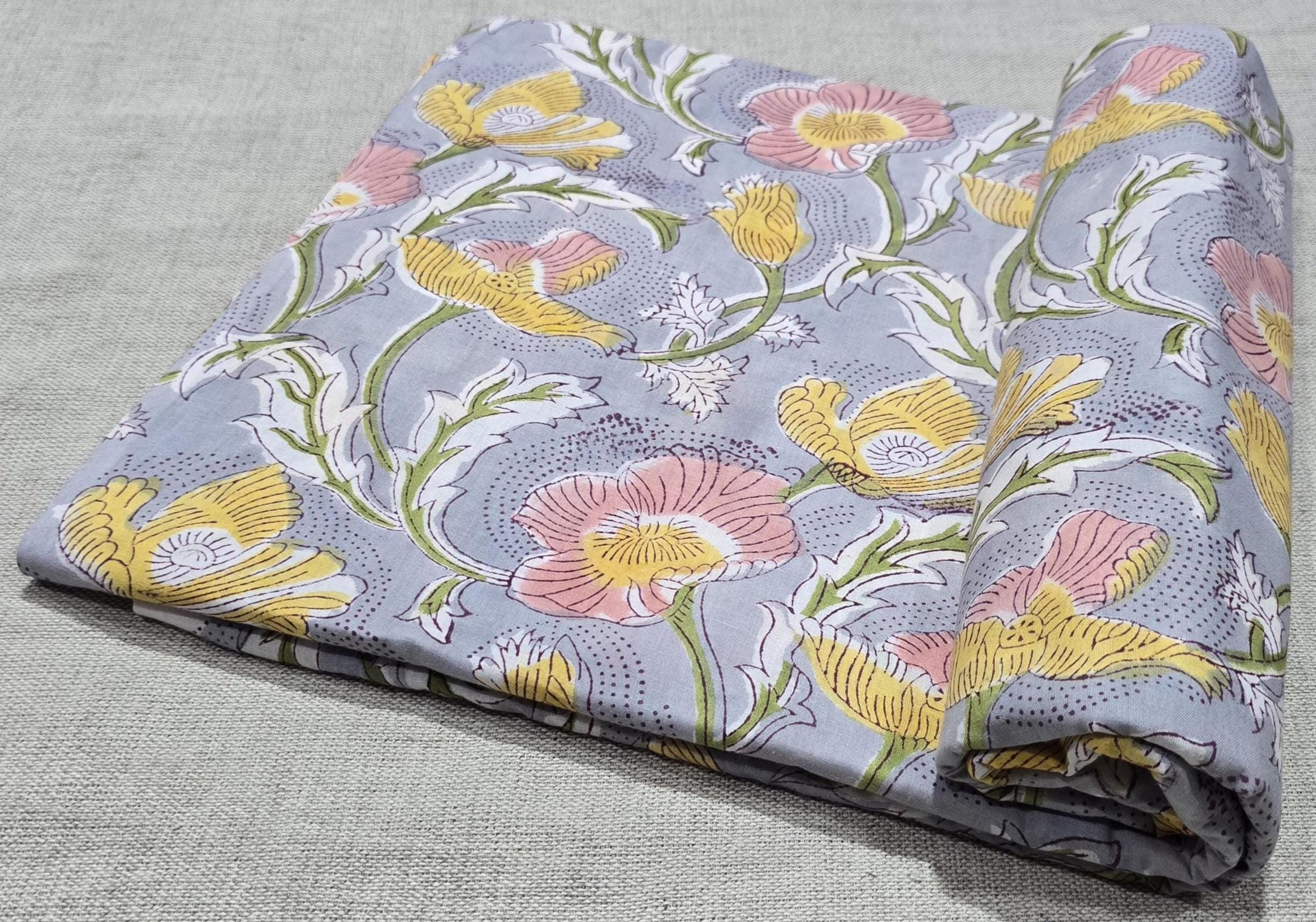 Yellow & Pink Poppy Floral Bagru Print Cotton Fabric, Dabu Mud Resist Hand Block Print, Bohemian Cotton Fabric for Dress Material, Curtains