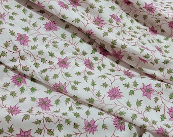 Hand Block Print Cotton Fabric, Pink and Green jaal, Indian fabric by the Yards, Soft Cotton Fabric for Dress, Quilting, Home Decor, Tops