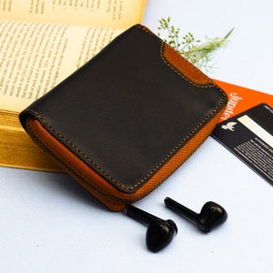 Cartera de cuero con cremallera para mujer, diseño minimalista, personalizable, con 5 ranuras para tarjetas y bolsillo para monedas, 12,5 largo x 9 ancho x 2 alto cm