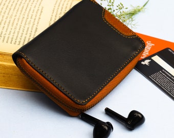 Cartera de cuero con cremallera para mujer, diseño minimalista, personalizable, con 5 ranuras para tarjetas y bolsillo para monedas, 12,5 largo x 9 ancho x 2 alto cm