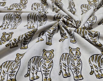 Tiger Motif Block Print Fabric | Natural Dyed and Lightweight Cotton fabric  | Jaipur Block Print | Lightweight Fabric for Apparel, Curtains