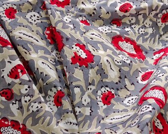 Gray and Red Hand Block Print Cotton fabric | Natural Vegetable Dye Lightweight Fabric by Yard | Hand Stamped Soft Cotton for DIY Crafting