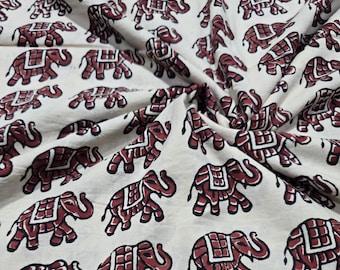 Red Elephant Hand Block Print Cotton Fabric | Fabric by the Yard | Indian Hand Print Elephant Print Bohemian Cotton Fabric for Dresses, Gift