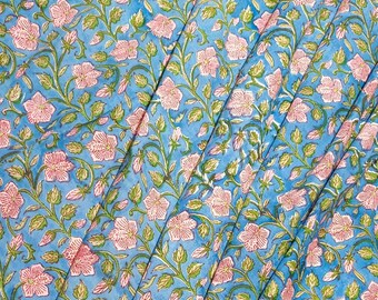 Blauer Blumen Hand Block Print Stoff, Rosa Blumen Baumwollstoff Schüttgut, indischer Jaipuri Block Print, Nähen Handwerk Kleid Material, Kissen