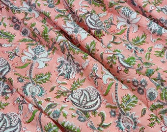 Rosa Sanganeri Hand Block Print Stoff, Floral Baumwolle Cambric 60x60 Stoff Schüttgut, indischer Hand bedruckter Stoff zum Nähen und Kleid, Top