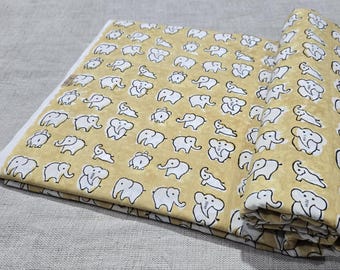 Mustard Yellow Elephant Print Fabric | Hand Block Printed Indian Soft Cotton Fabric | Pure cotton Fabric for Sewing, Quilting, Dressmaking