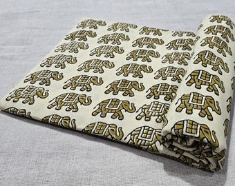 Sanganeri Elephant Hand Block Print Cotton Fabric | Traditional Indian Block Print Fabric | Hand Stamped Natural Dye Fabric for crafting