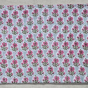 Hand Block Print Fabric, Pink & Sky Blue Floral Design, Natural Vegetable Dyed, 100% Pure Voile Cotton By the Yard for Kid&#39;s clothing, Gift