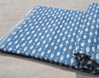 Indian Block Print Floral Fabric, Blue and white fish Print Fabric, by the Yard, Hand Stamped Cloth, 100 % pure Cotton Loose Cotton Fabric