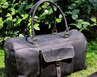 Genuine Leather Travel Duffel Bag | Leather Weekend Carry on Overnight Bag | for Men Women Personalized | 20.5LX9WX8.5H Inch