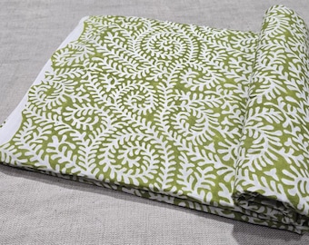 Hand Block Print Cotton Fabric, Green and White Leaf Pattern, Indian Fabric by the Yard, Bagru Print Fabric for Dresses, Tops, Upholstery