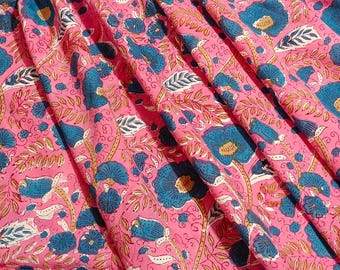 Rosa Baumwollstoff Meterware, Blauer Blockdruck mit Blumenmuster, Jaipur Blockdruck Material zum Nähen, Indisches Baumwolltextilhandwerk, Rock