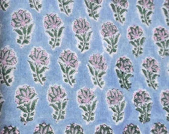 Blau Sanganeri Floral Hand Block Print Baumwollstoff Schüttgut, indischer weicher Voile-Stoff, Naturfärbung Kleid Material zum Nähen, Quilten, Geschenk
