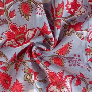 Gray & Red Floral Indian Cotton - Block Print Fabric by the Yard, Hand Stamped Vegetable Dye, Soft Material for Quilting, Sewing, Upholstery