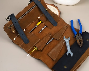 Handmade  Leather Tool Bag Roll | Best for Gifts for Men, Leather Tool Bag Organizer, Tool Cover Case, Personalized Gift for Him, Dad,