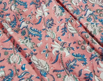 Rosa Sanganeri Hand Block Print Stoff, Floral Baumwolle Cambric 60x60 Stoff Schüttgut, indischer Hand bedruckter Stoff zum Nähen und Kleid, Top