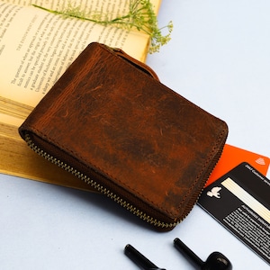 Unique Customized Leather Zip Wallet For Men With 5 Card Slots and 1 Currency Slot - Anniversary Gift Wallet, 11Lx9Wx1.5H cm