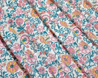 Hand Block Print Baumwollstoff lose Ware, Floral Indische Baumwolle Stoff, Rosa Gelb Sommer Nähstoff, Block Print Baumwolle für Kleidung
