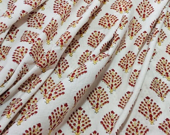 Hand Block Print Baumwollstoff Schüttgut, Rot Floral Indian Boota Druck Material, Weich Nähen Basteln Stoff für Quilten Kleider, Top