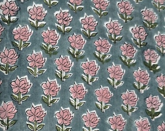 Pink Lotus Hand Block Print Baumwollstoff | Teal Grün Nähmaterial