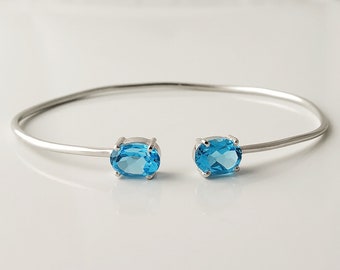 Blue Topaz Bangle, 5ct Swiss Blue Topaz Cuff Bracelet, Genuine Blue Topaz Bangle, 925 Sterling Silver, December Birthstone