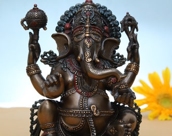 Estatua de Ganesha * Estatua de Ganesha de bronce unido de tamaño pequeño de 14 CM * Ídolo de Ganapathi * Dios hindú de buena suerte, riqueza, éxito y nuevos comienzos