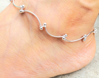 Silver Anklet,  Ankle Chain Bracelet, Anklet, Sterling Silver Beaded Anklet - Womens Ankle Chain