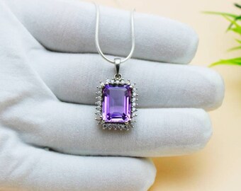 Natural Amethyst pendant | 925 Sterling Silver | Rectangle Stone Pendant | Amethyst Necklace Pendant | February Birthstone