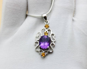 Natural Amethyst Necklace* 925 Sterling Silver* Amethyst Pendant* Amethyst Necklace* Genuine Amethyst Pendant, Citrine*February Birthstone