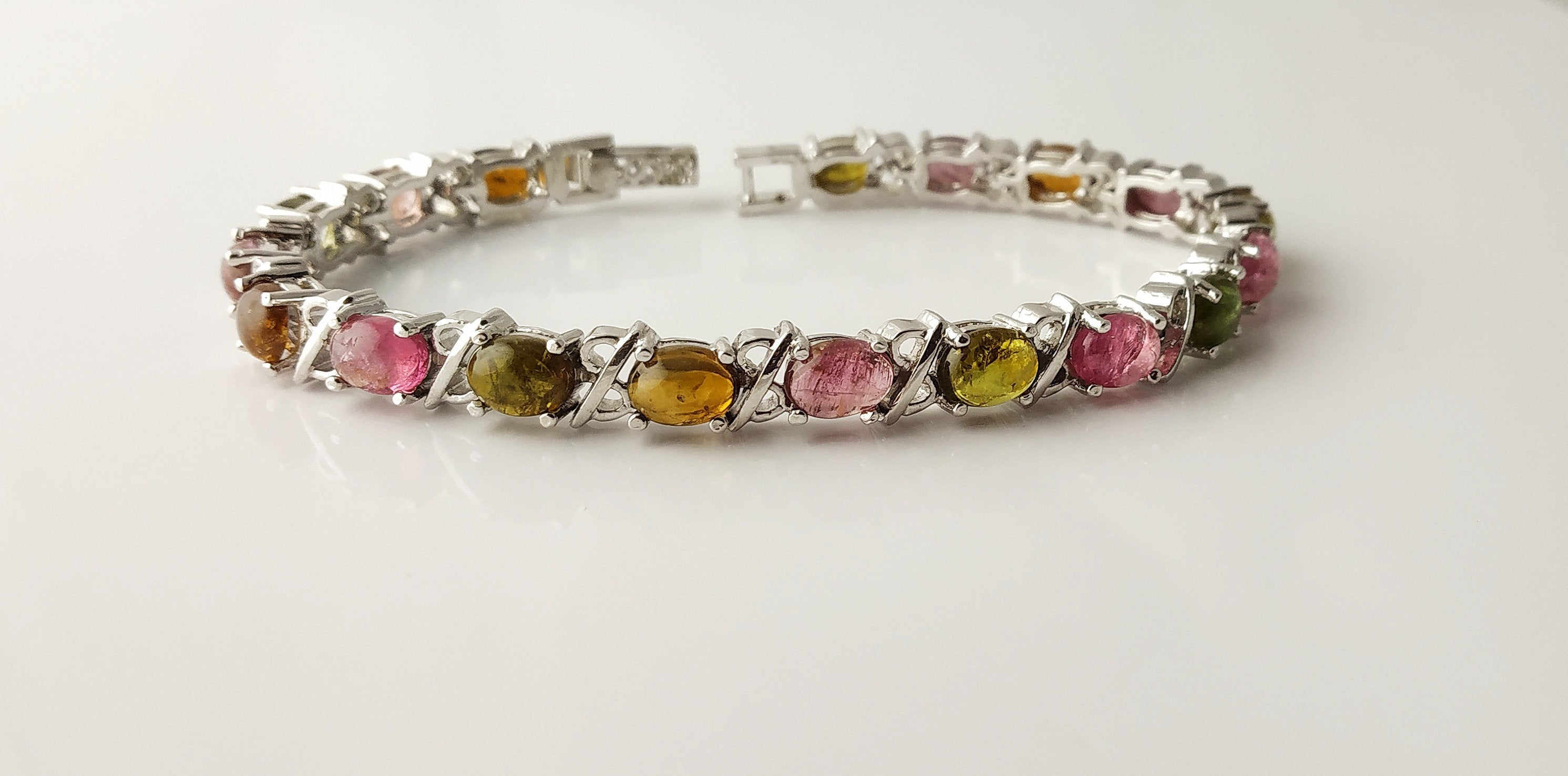 Natural Tourmaline Bracelet, 925 Silver Bracelet, Gemstone Bracelet, Multi Color Bracelet, Tennis Bracelet, Anniversary Gift, Gift For Her