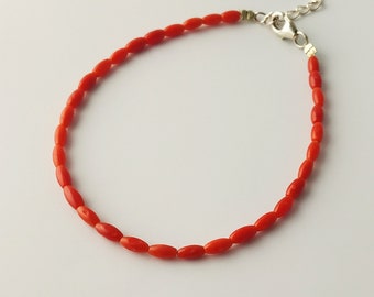 Coral Bracelet, Red Coral Bracelet, Dainty Bracelet, Natural Coral Bracelet, Slim Skinny Bracelet, 925 Sterling Silver, Delicate Bracelet