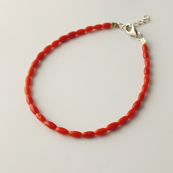 Coral Bracelet, Red Coral Bracelet, Dainty Bracelet, Natural Coral Bracelet, Slim Skinny Bracelet, 925 Sterling Silver, Delicate Bracelet