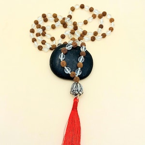 Rudraksha Mala: 5 Face Beads, Crystal Quartz & Silver Ganesha