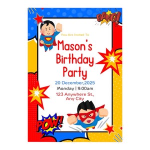 Superhero Birthday Party Invitation | A5 Canva Template | Editable Download or Personalised | Kids Comic Style Invite