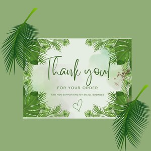 Tarjeta de agradecimiento imprimible con temática tropical para empaques de pequeñas empresas. Estética tropical. Descarga instantánea. Perfecta para pedidos y el amor de los clientes.