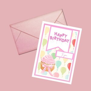 Printable Pink Girly Ladies Cupcake Birthday Card A5 Digital Download Adorable Instant PDF Send via Email or Print at home