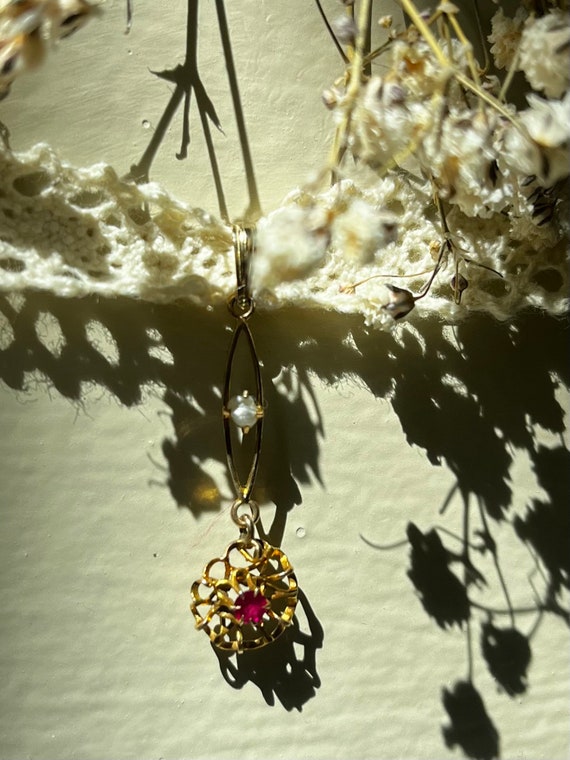 Victorian Ruby & Pearl 10k Lavaliere - image 4