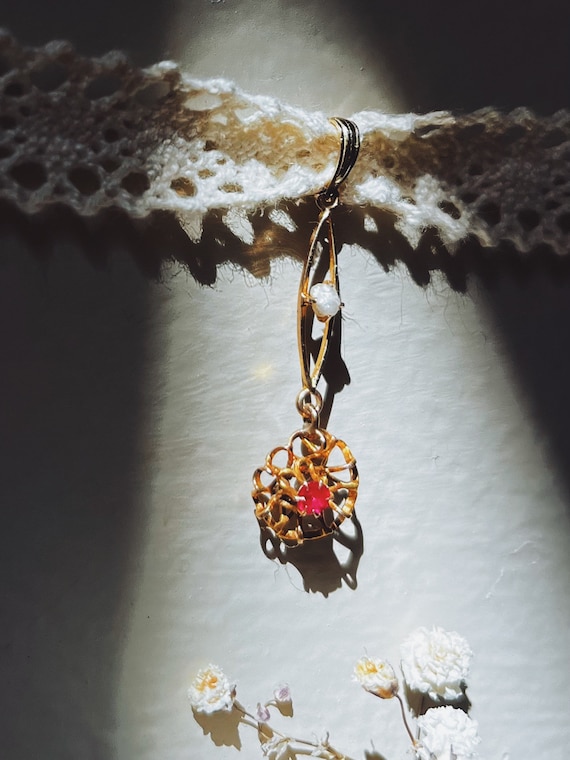 Victorian Ruby & Pearl 10k Lavaliere - image 1