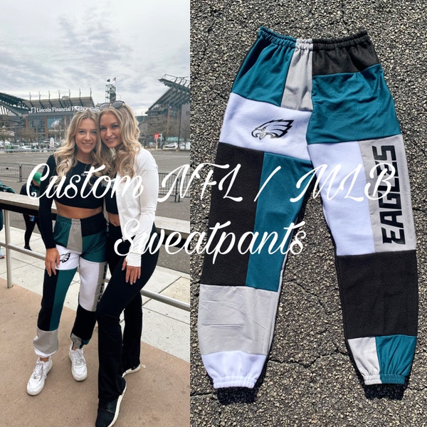 Custom patchwork sweatpants // Merch // NFL // MLB // NBA // Nhl // Sports teams // College merch // Tailgate // Game day fit