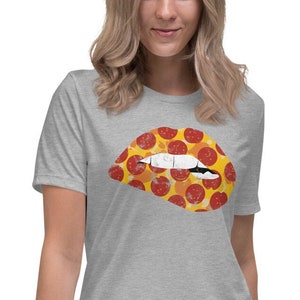 Pepperoni Biting Lip Women&#39;s T-Shirt, Women&#39;s Pizza Shirt, Funny Food Shirt, Pizza Shirt, Pizza Lovers Gift, Pizza Lover Shirt, Pizza Shirts