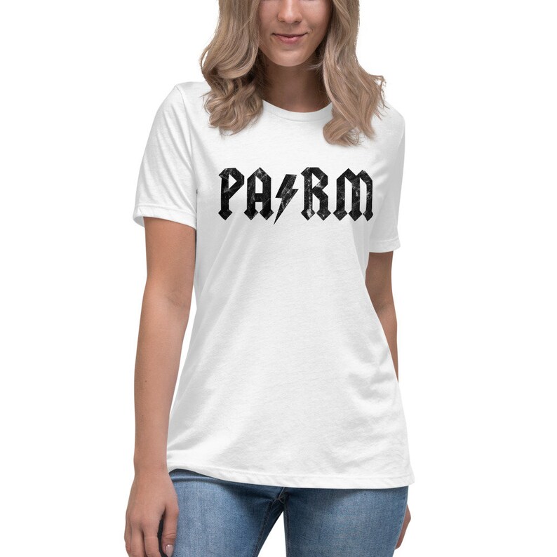 May include: White women's t-shirt with a black graphic print of the word "PARM" in a rock and roll style font with a lightning bolt in between the "A" and "R".