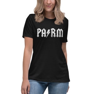 May include: Black t-shirt with a white graphic of the word "PARM" in a rock and roll font with a lightning bolt.