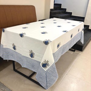 Mantel rectangular de algodón reutilizable con estampado de bloques blancos y azules, hecho a mano, estilo bohemio.