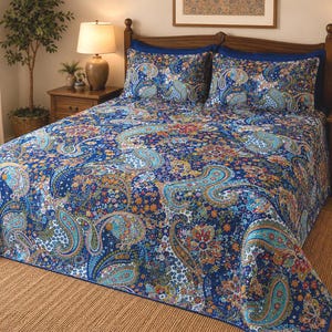 Könnte beinhalten: Eine Tagesdecke und zwei passende Kissenbezüge mit einer leuchtend blauen Grundfarbe und einem komplizierten, mehrfarbigen Paisley-Muster in Blaugrün, Orange, Gelb und Weiß. Das Bettwäsche-Set bedeckt einen Bettrahmen mit einem hölzernen Kopfteil.