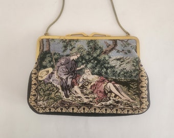 Petit Point Purse, Vintage West German Tapestry Purse, Evening Bag, Gold Clasp and Chain