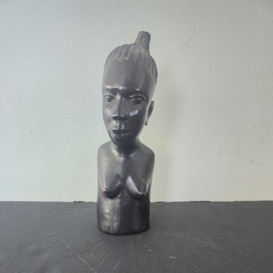 African Tribal Carved Ebony Head of Woman Intricate Tribal Art, Unique African Art Housewarming Gift Ebony Bust of African Woman with Braids