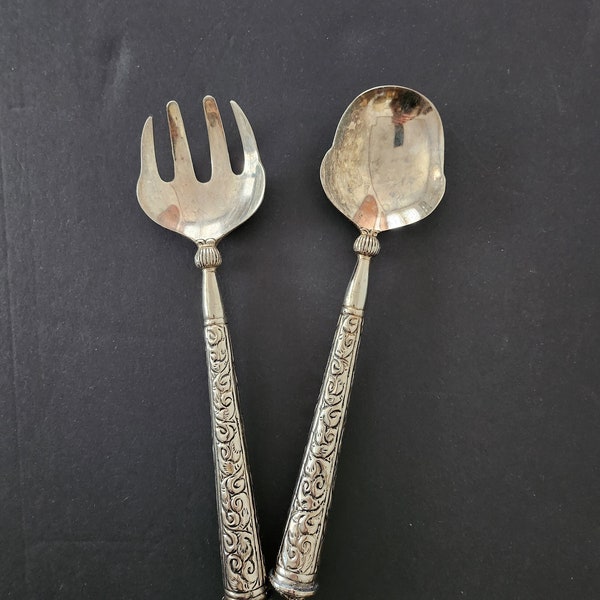 Vintage Silver-Plated Norwegian Style Serving Fork and Spoon, Viking Style Salad Servers