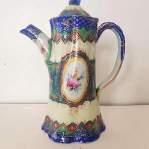 Antique Hand Painted Porcelain Chocolate Pot, Ornate Gold Leaf Design