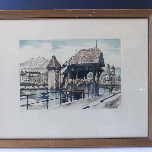 Lucerne Switzerland Kapellbrucke Watertower Limited Numbered Lithograph, Artist Signed, Reuss River Mid-Century Art